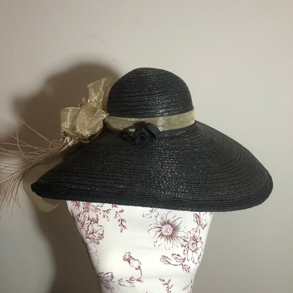 Something Special Black Wide Brim Dress Hat with Floral & Feather Detail